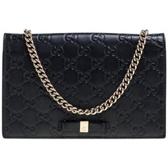 Gucci Black Guccissima Leather Bow Flap Wallet on Chain