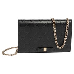 Gucci Black Guccissima Leather Bow Flap Wallet on Chain