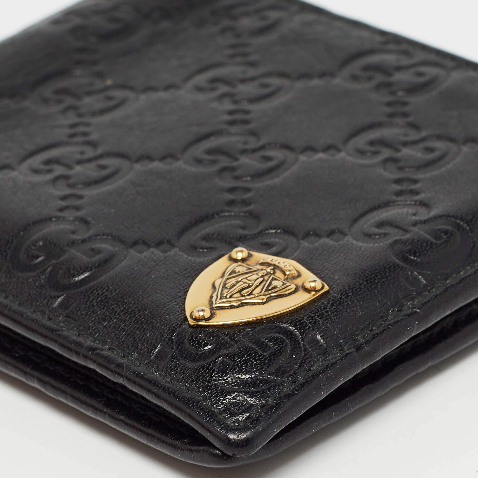 Gucci Black Guccissima Leather Crest Bifold Wallet For Sale 7