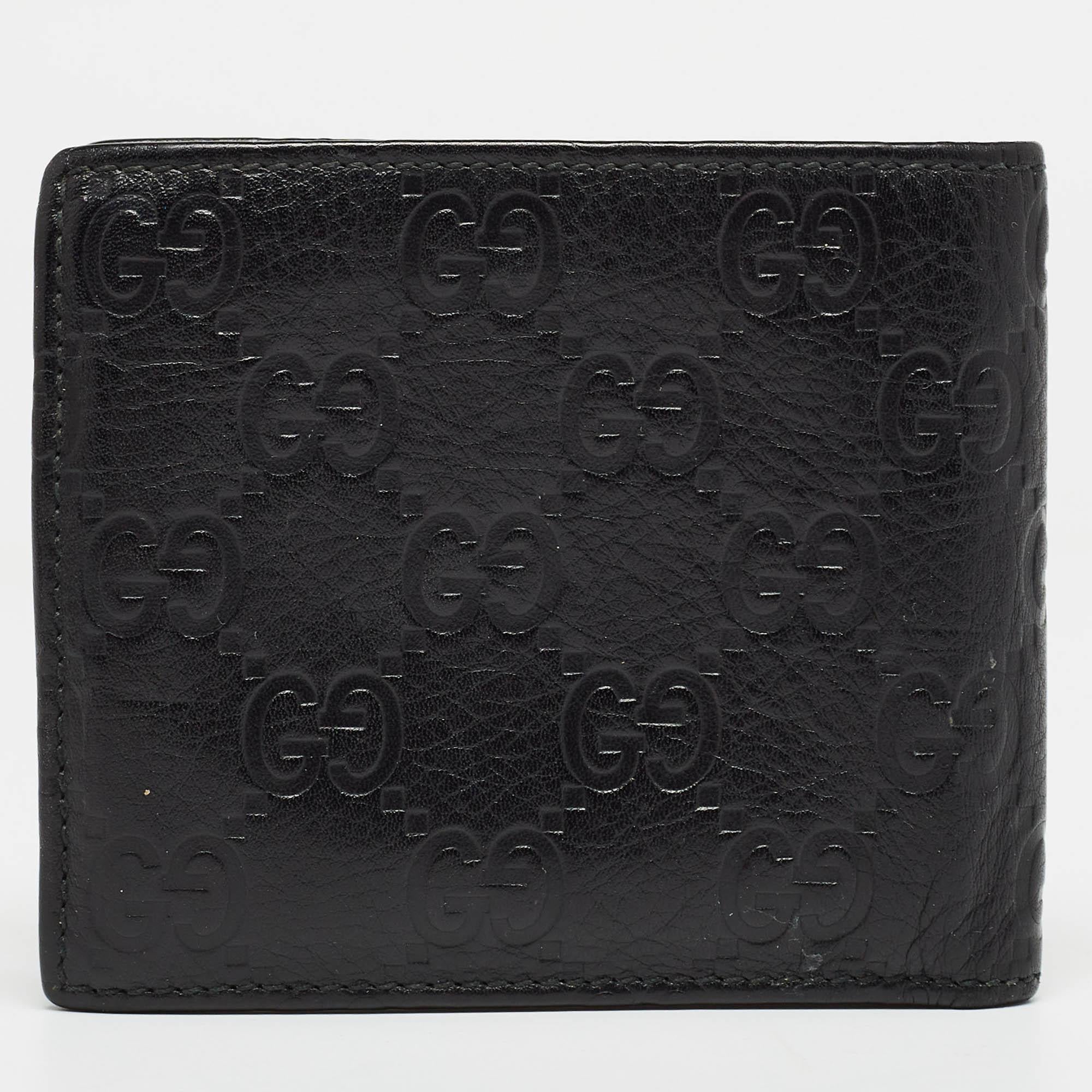 Gucci Black Guccissima Leather Crest Bifold Wallet For Sale 8