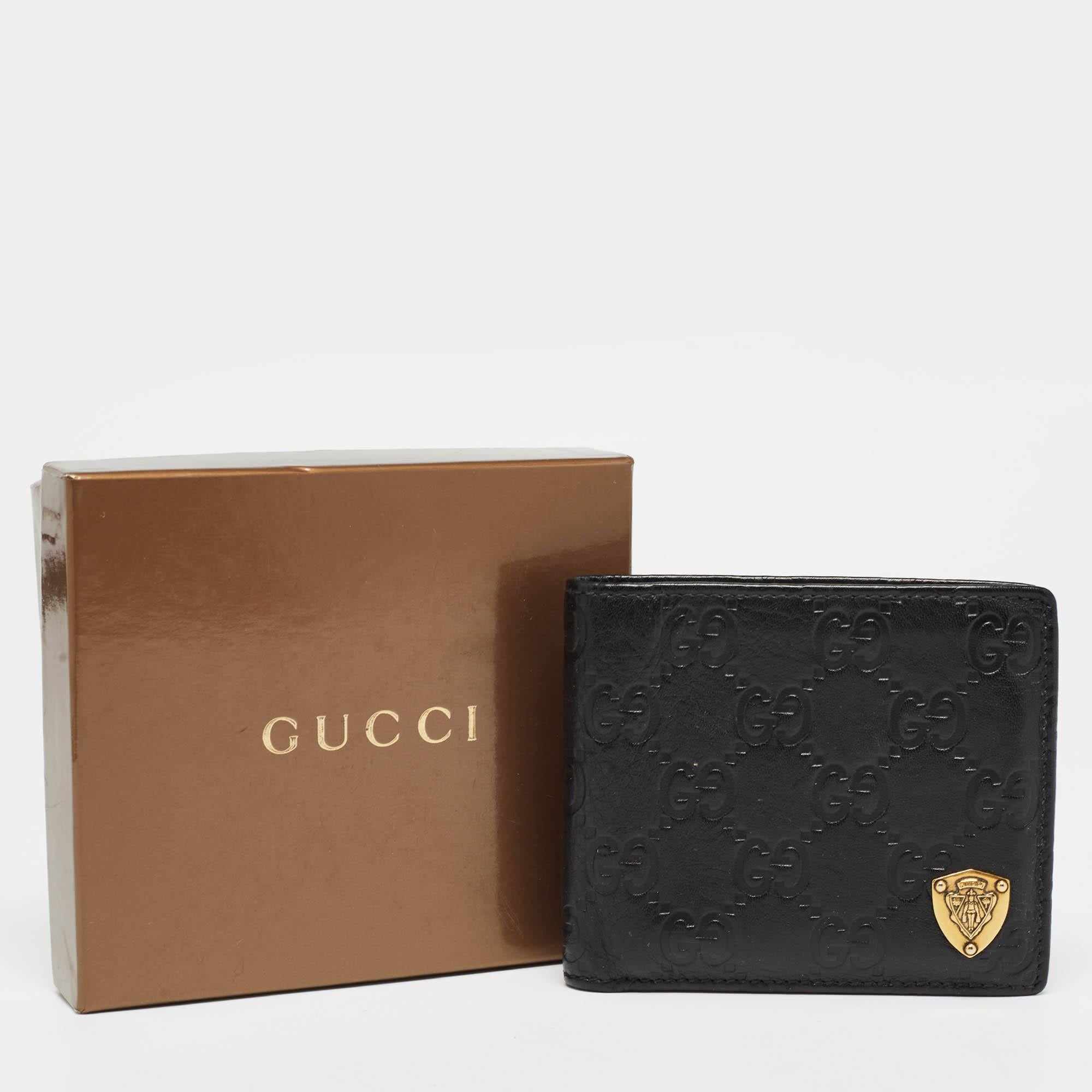 Gucci Black Guccissima Leather Crest Bifold Wallet For Sale 9