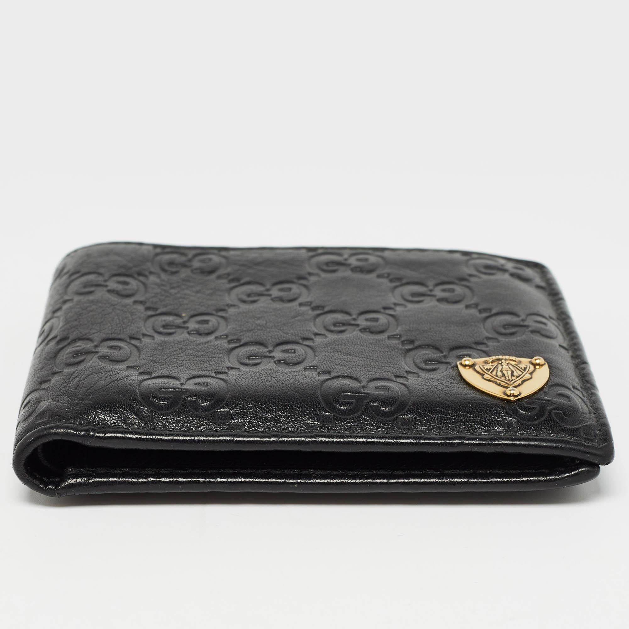 Gucci Black Guccissima Leather Crest Bifold Wallet For Sale 3