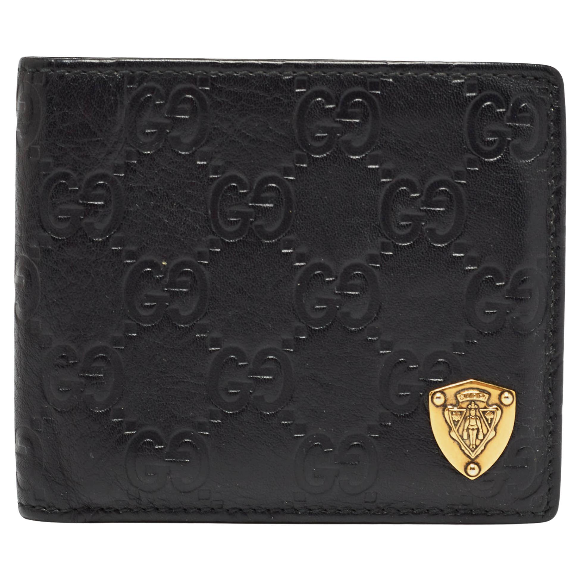 Gucci Black Guccissima Leather Crest Bifold Wallet For Sale