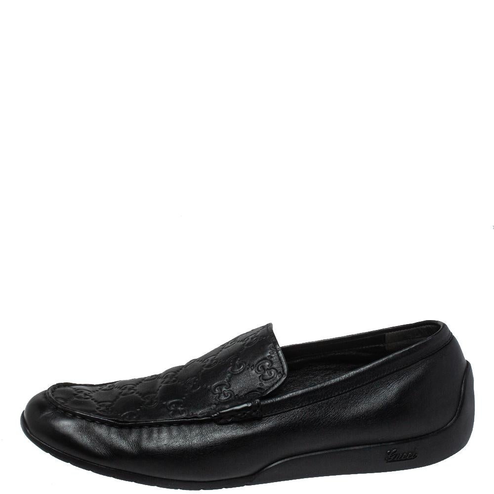 Gucci Black Guccissima Leather GG Loafers Size 44 In Good Condition In Dubai, Al Qouz 2