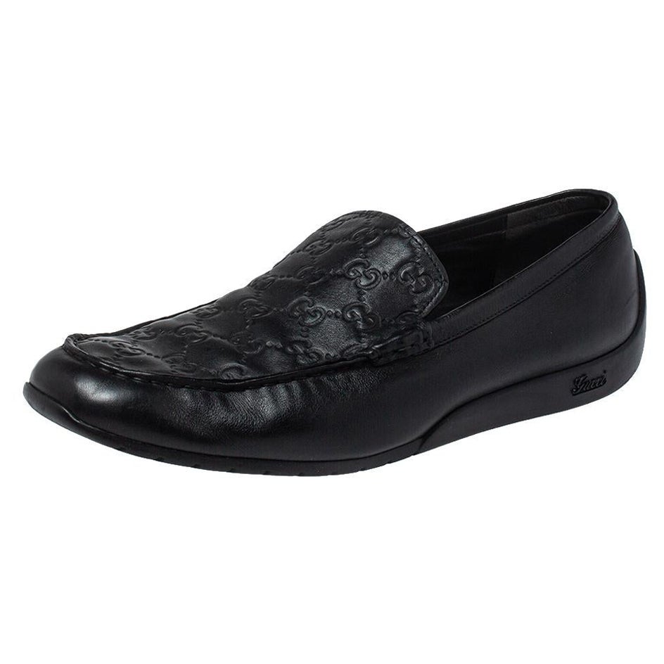 Gucci Black Guccissima Leather GG Loafers Size 44