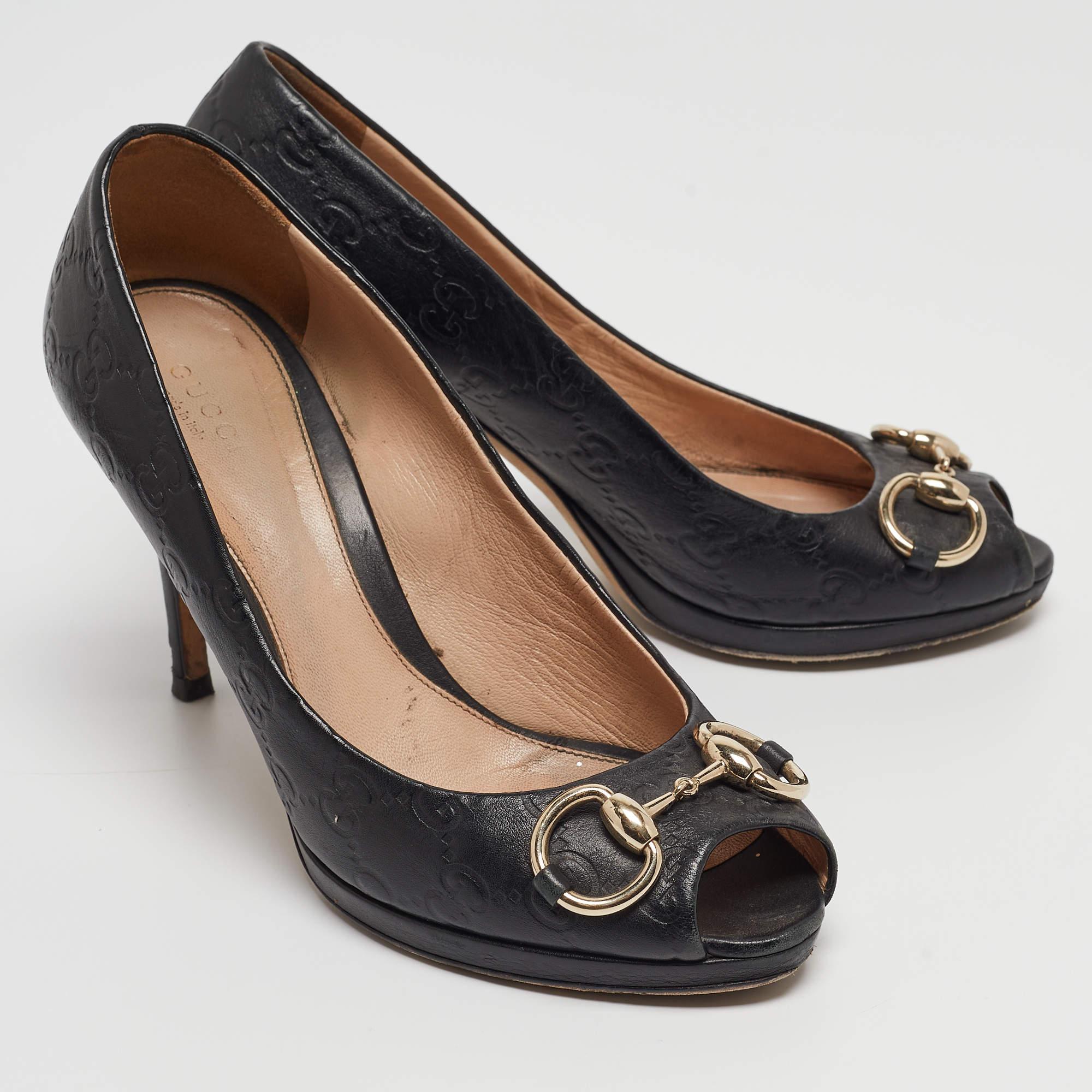Women's Gucci Black Guccissima Leather Horsebit Peep Toe Pumps Size 38