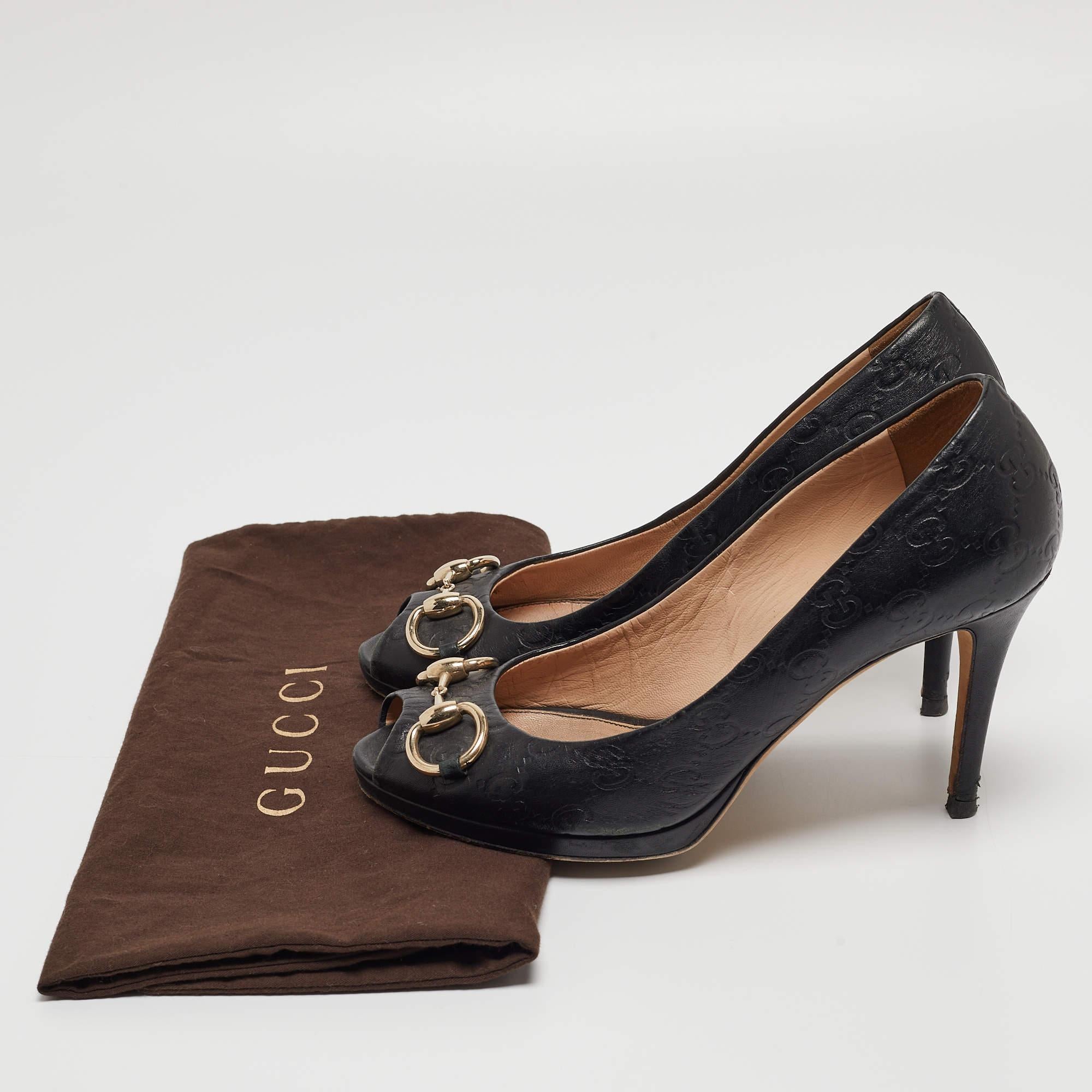 Gucci Black Guccissima Leather Horsebit Peep Toe Pumps Size 38 5