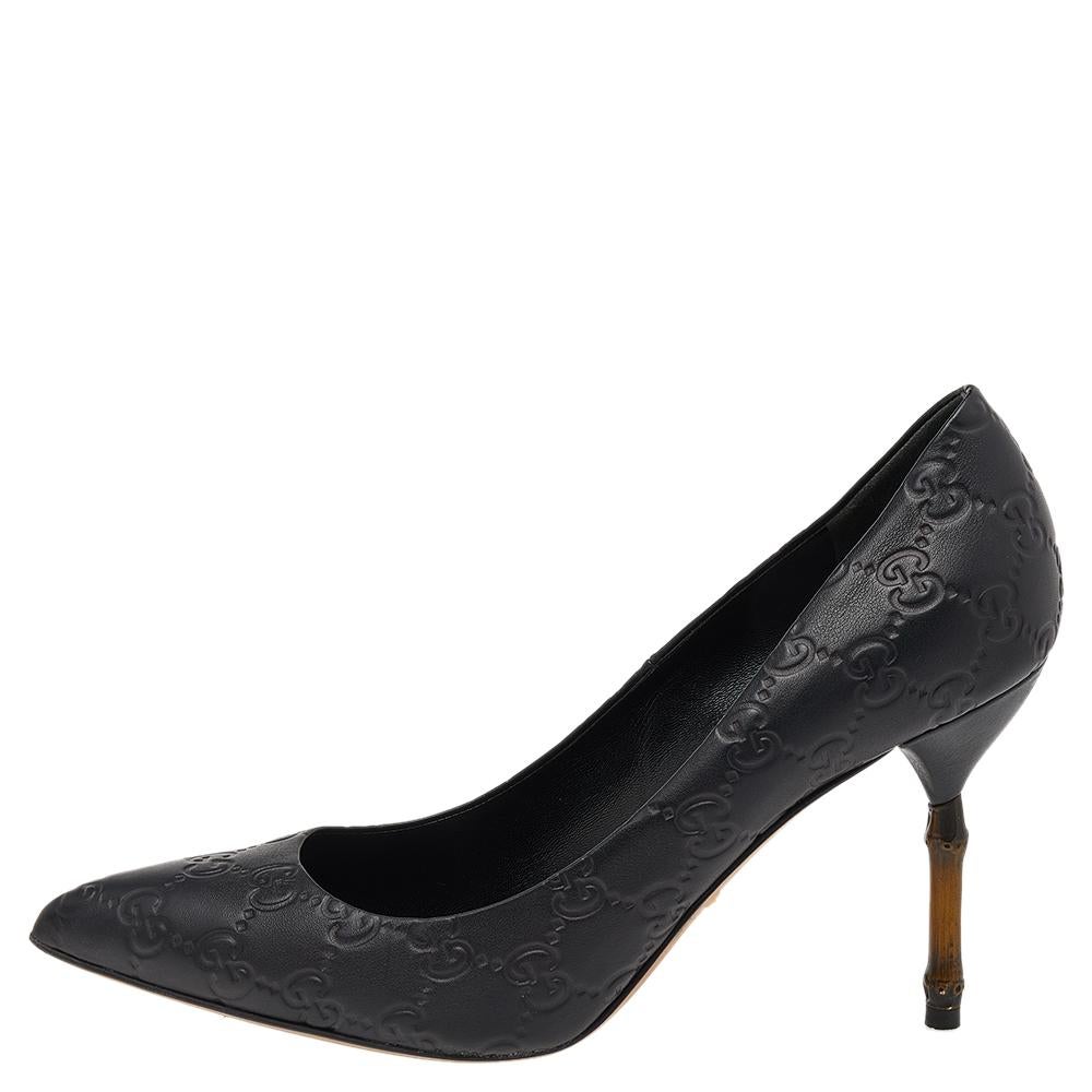 These black pointed-toe pumps from Gucci have come straight from a shoe lover's dream. Crafted from Guccissima leather and balanced on 17 cm bamboo heels, the pumps are well-made and gorgeous!

Includes: Original Dustbag, Extra Heel Tips