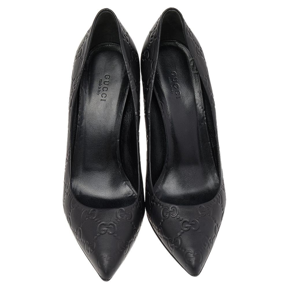 Women's Gucci Black Guccissima Leather Kristen Bamboo Heel Pointed Toe Pumps Size 39.5