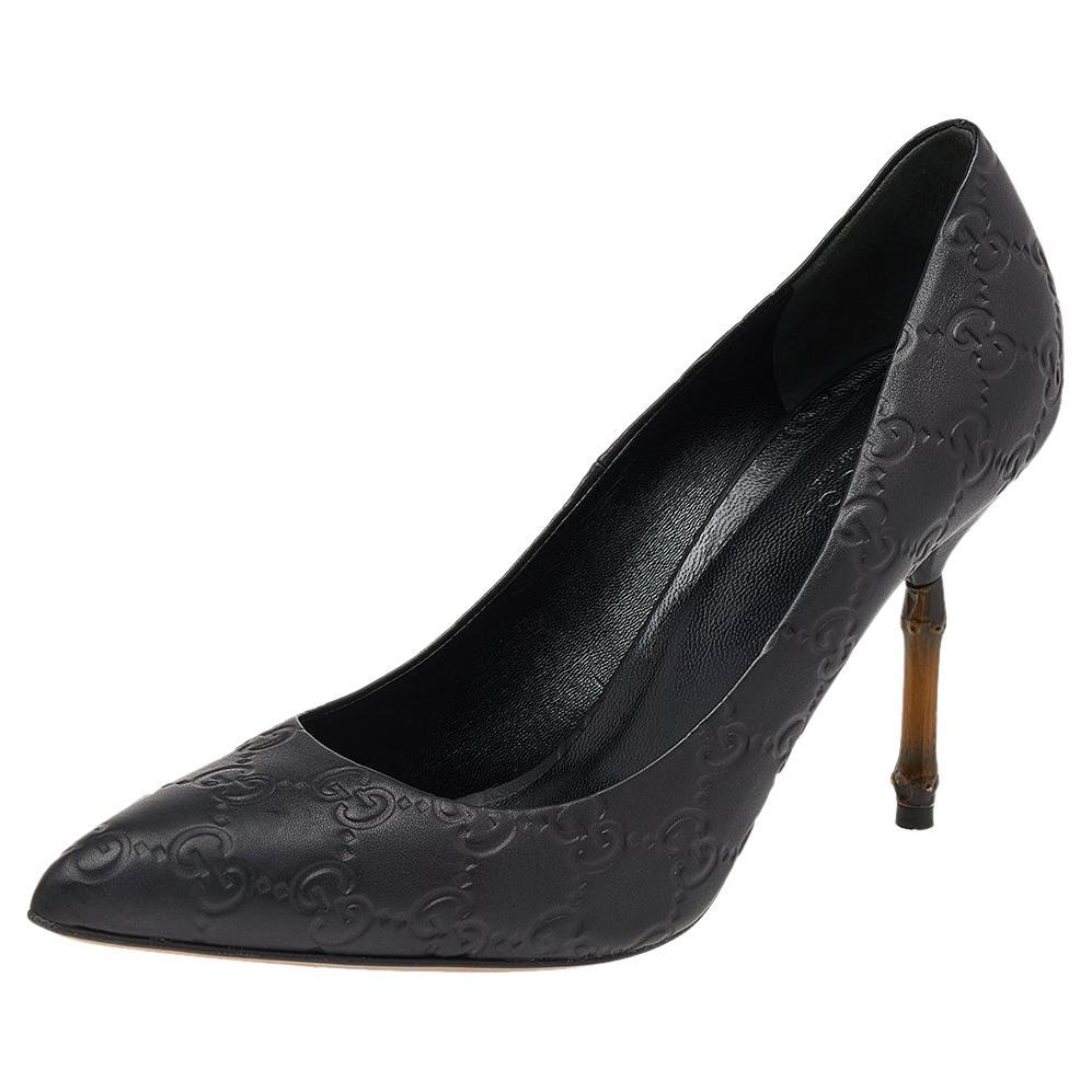 Gucci Black Guccissima Leather Kristen Bamboo Heel Pointed Toe Pumps Size 39.5