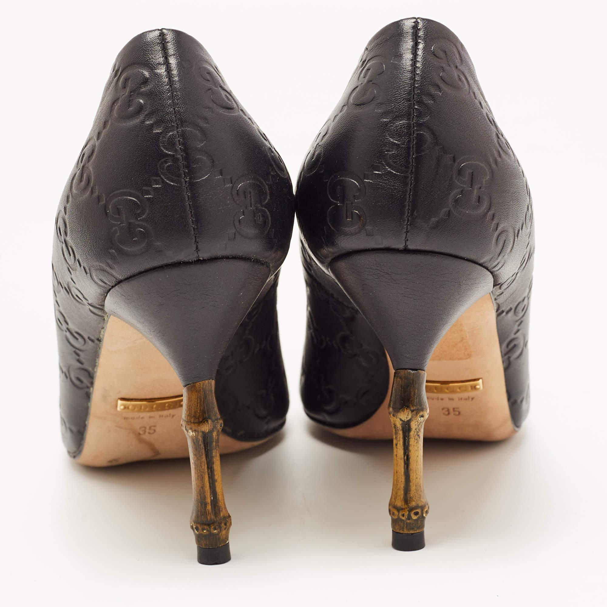 Gucci Black Guccissima Leather Kristen Bamboo Heel Pumps Size 35 In Good Condition In Dubai, Al Qouz 2