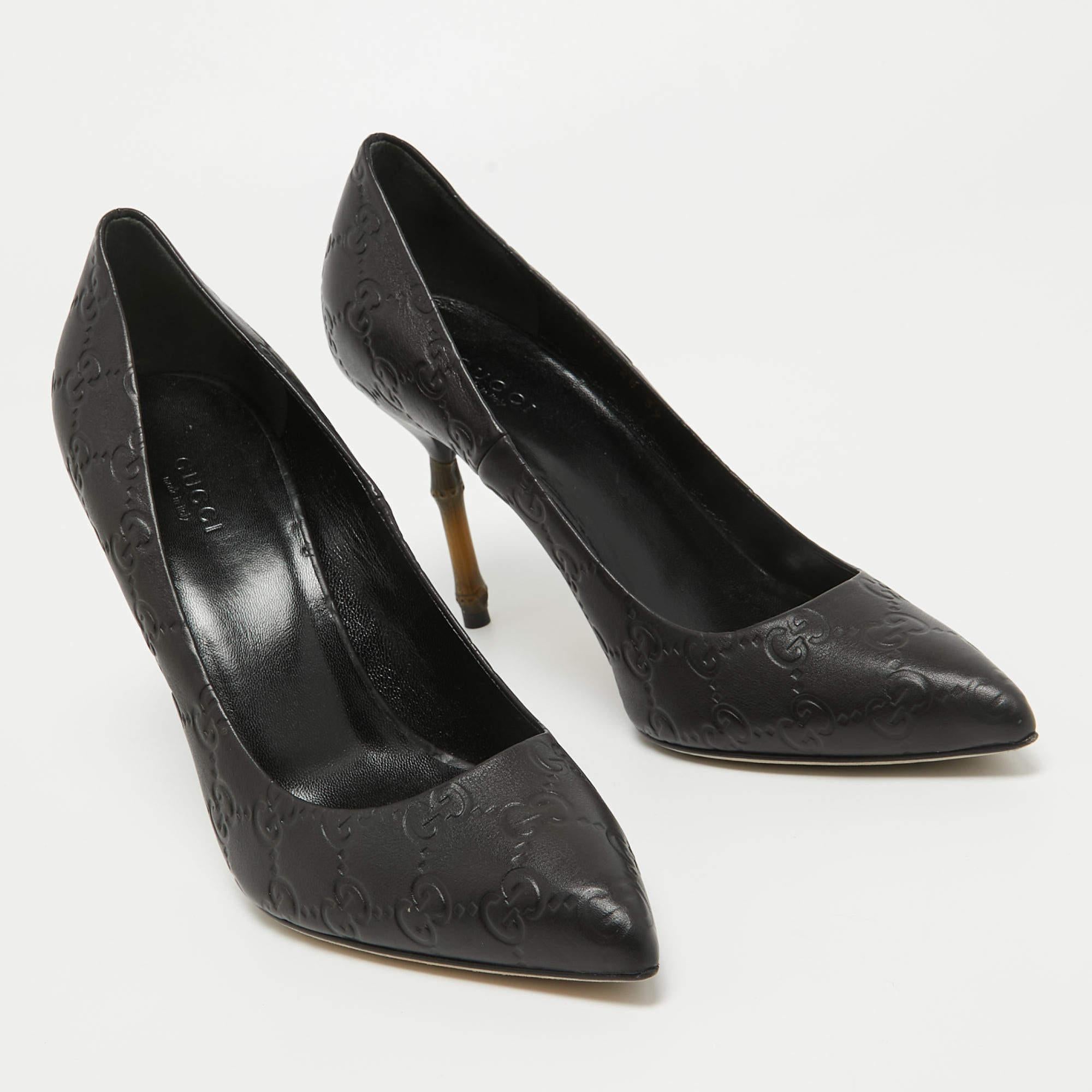Gucci Black Guccissima Leather Kristen Bamboo Heel Pumps Size 39 For Sale 2