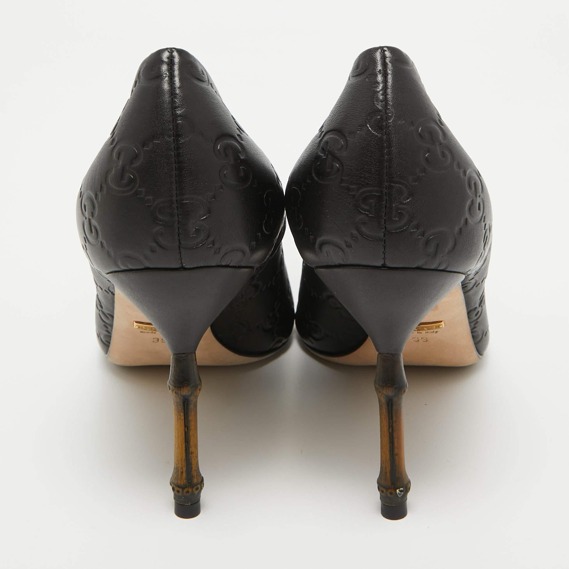 Gucci Black Guccissima Leather Kristen Bamboo Heel Pumps Size 39 For Sale 3
