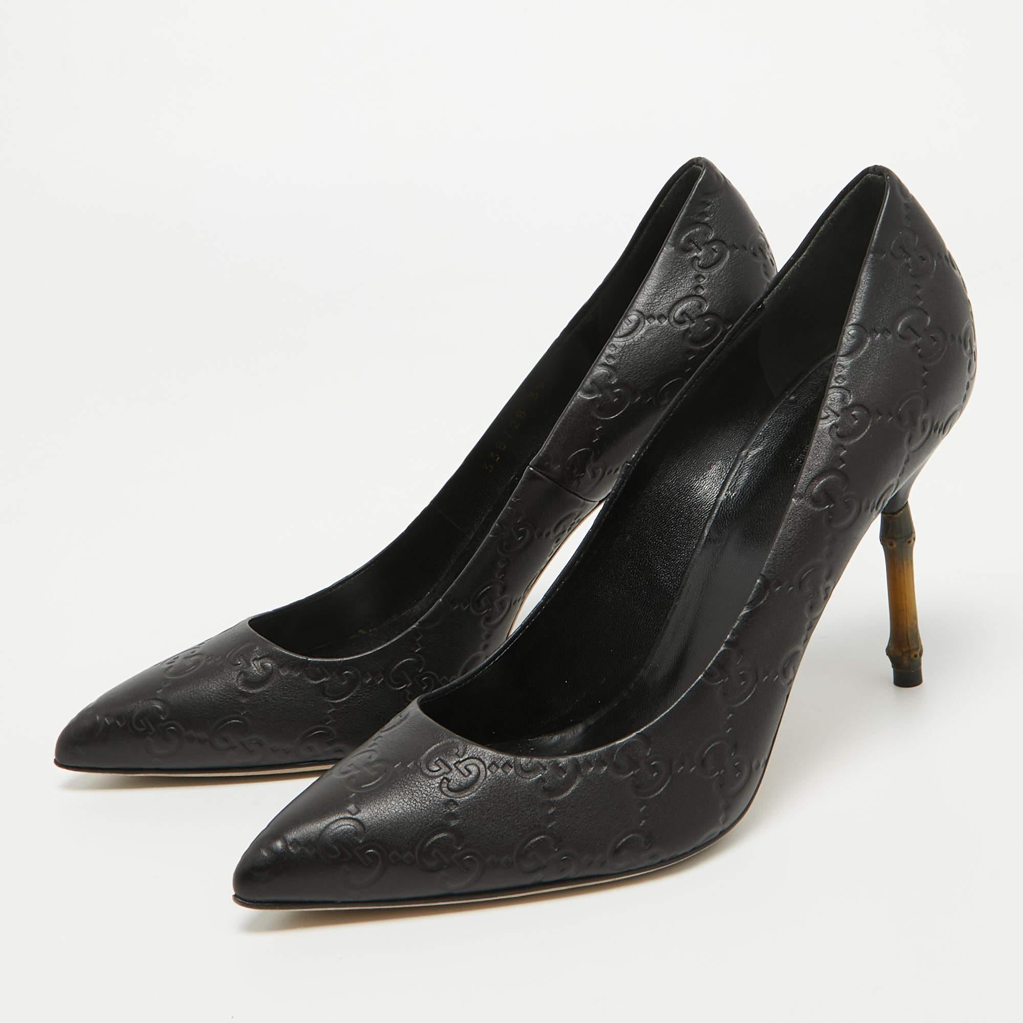 Gucci Black Guccissima Leather Kristen Bamboo Heel Pumps Size 39 For Sale 4