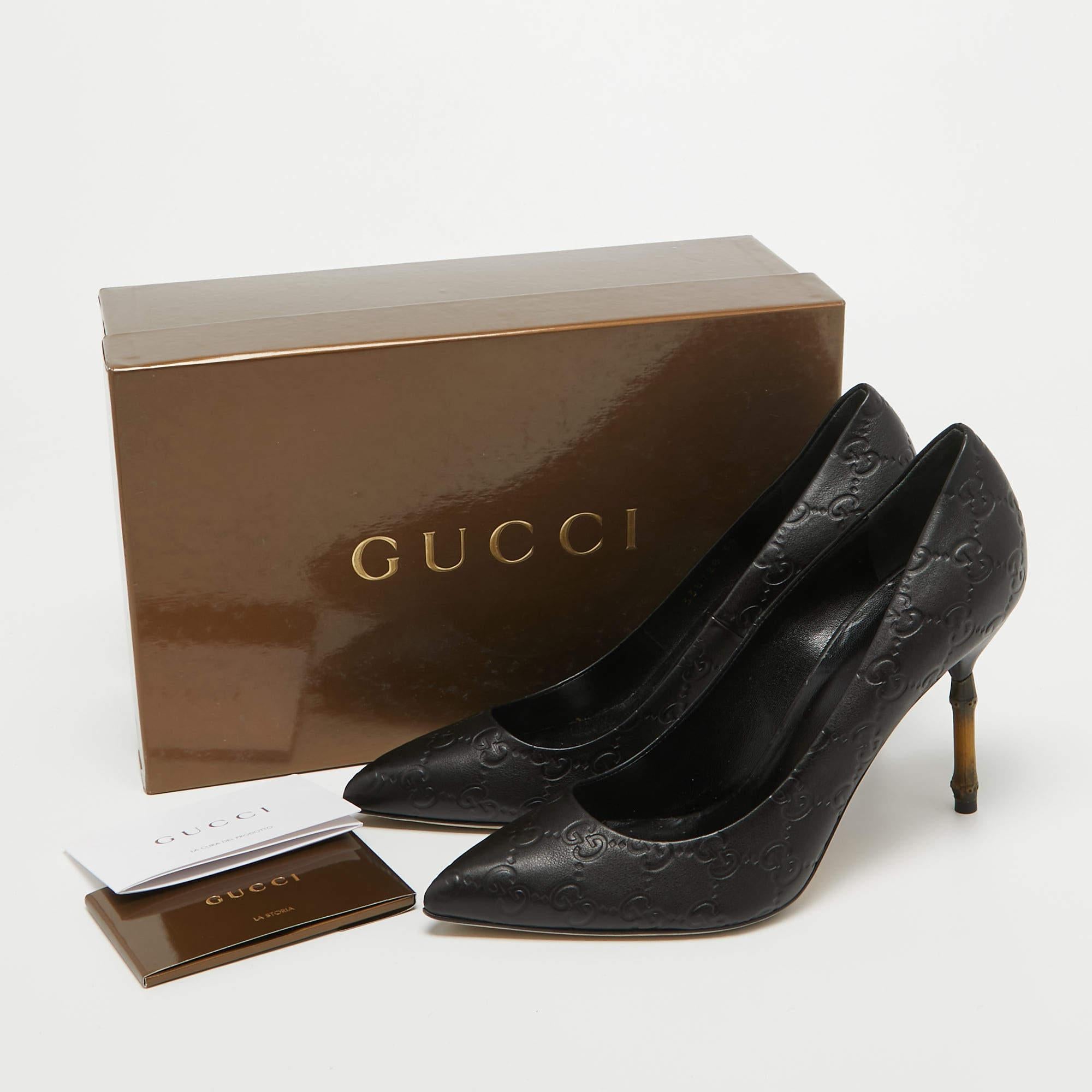 Gucci Black Guccissima Leather Kristen Bamboo Heel Pumps Size 39 For Sale 5