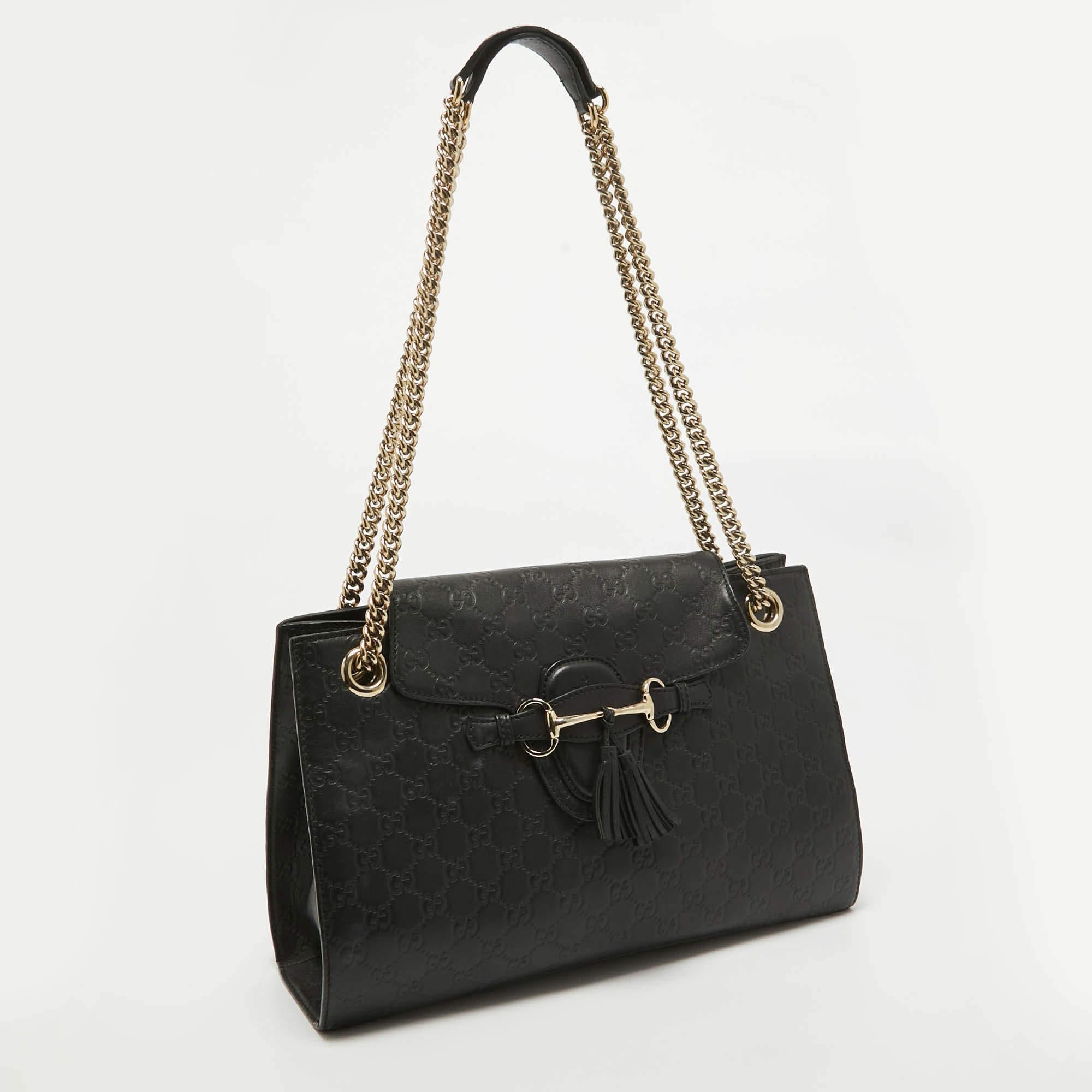 Gucci Black Guccissima Leather Large Emily Chain Shoulder Bag In Fair Condition For Sale In Dubai, Al Qouz 2