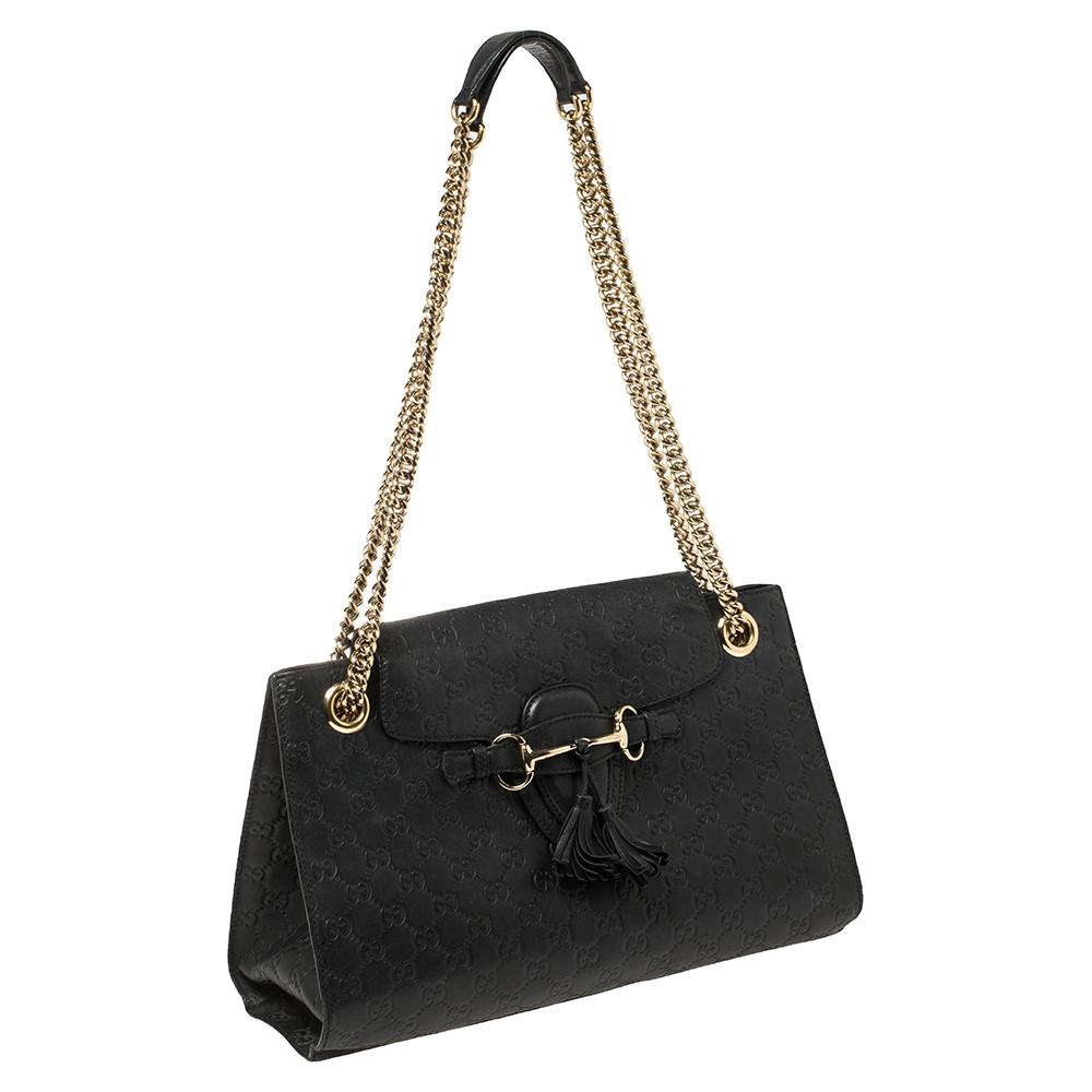 Gucci Black Guccissima Leather Large Emily Chain Shoulder Bag In Good Condition In Dubai, Al Qouz 2