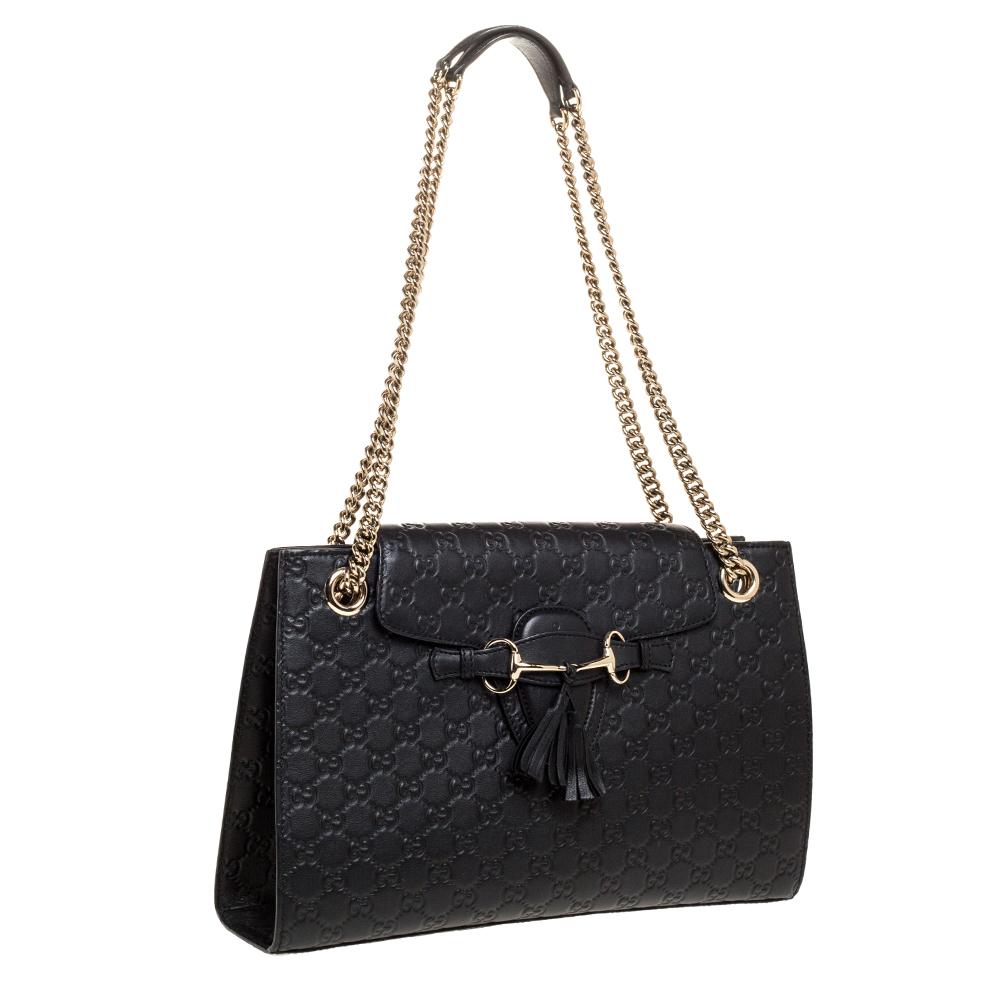 Women's Gucci Black Guccissima Leather Large Emily Chain Shoulder Bag