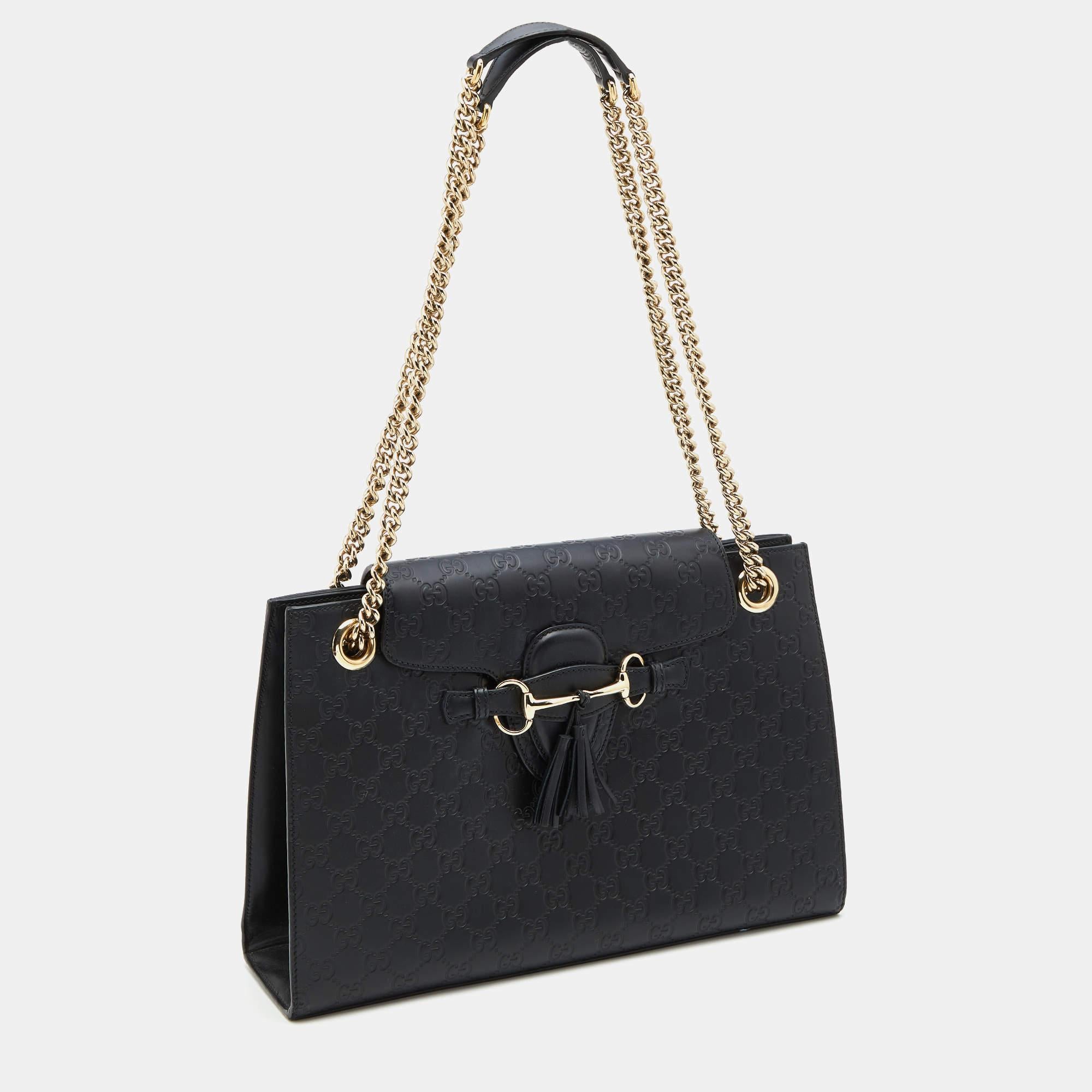 Gucci Black Guccissima Leather Large Emily Chain Shoulder Bag In Good Condition In Dubai, Al Qouz 2