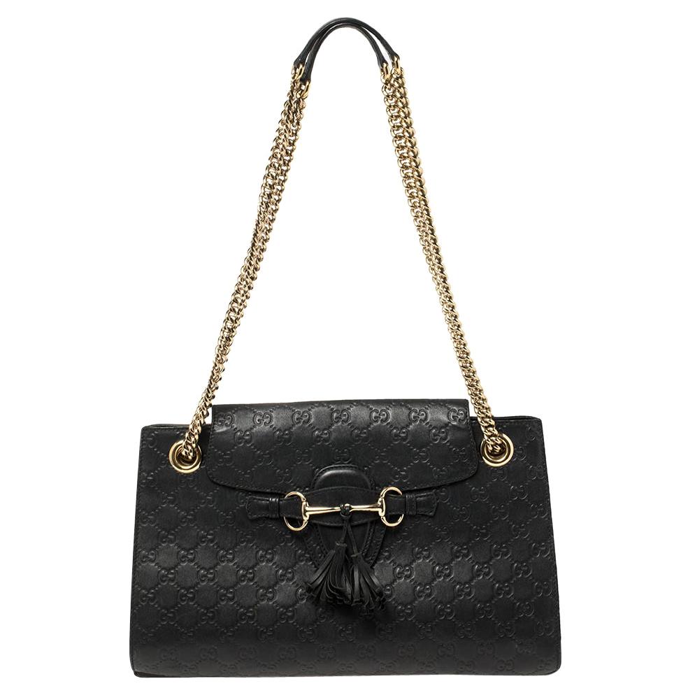 Gucci Black Guccissima Leather Large Emily Chain Shoulder Bag