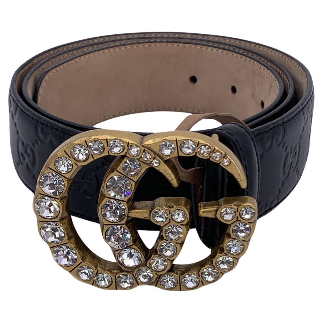 Gucci Black Guccissima Leather Marmont Belt Crystal GG Buckle 90/36 For Sale