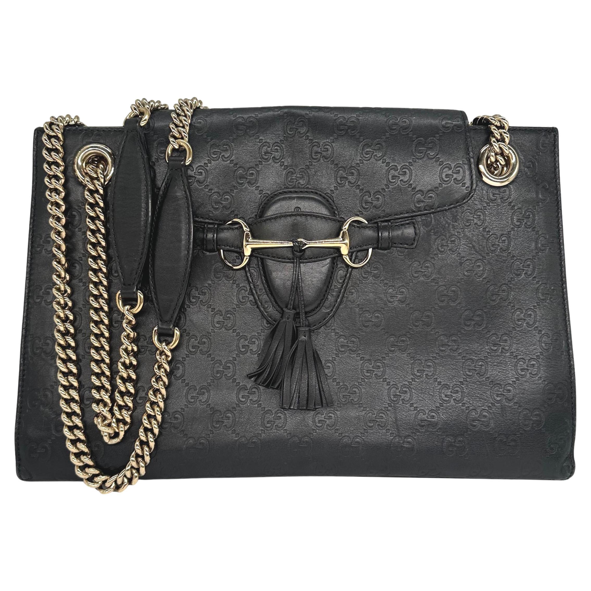 Gucci Black Guccissima Leather Medium Emily Chain Crossbody Shoulder Bag, 2018. For Sale