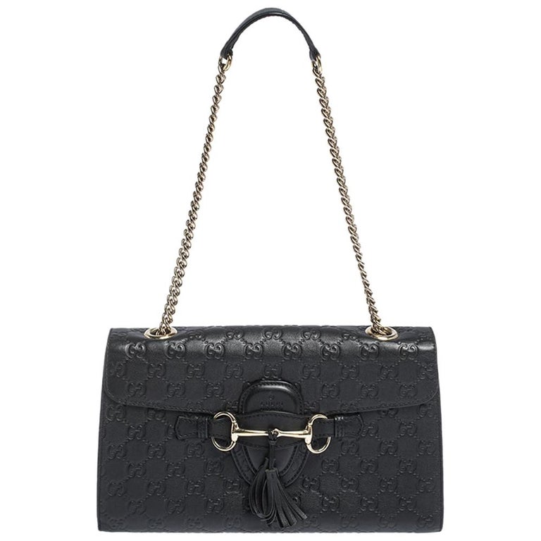 Gucci Black Guccissima Leather Medium Emily Chain Shoulder Bag For Sale