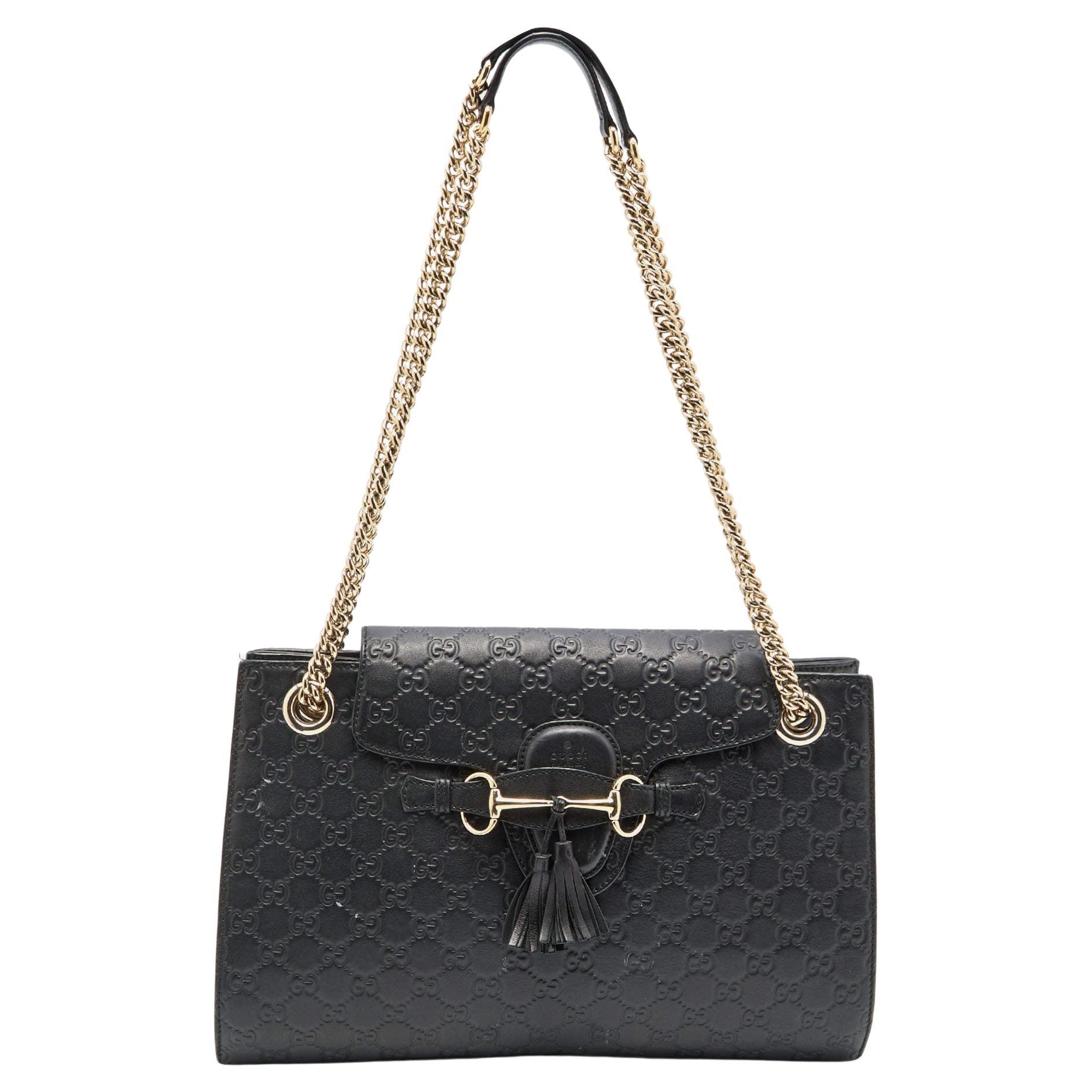 Gucci Black Guccissima Leather Medium Emily Chain Shoulder Bag For Sale