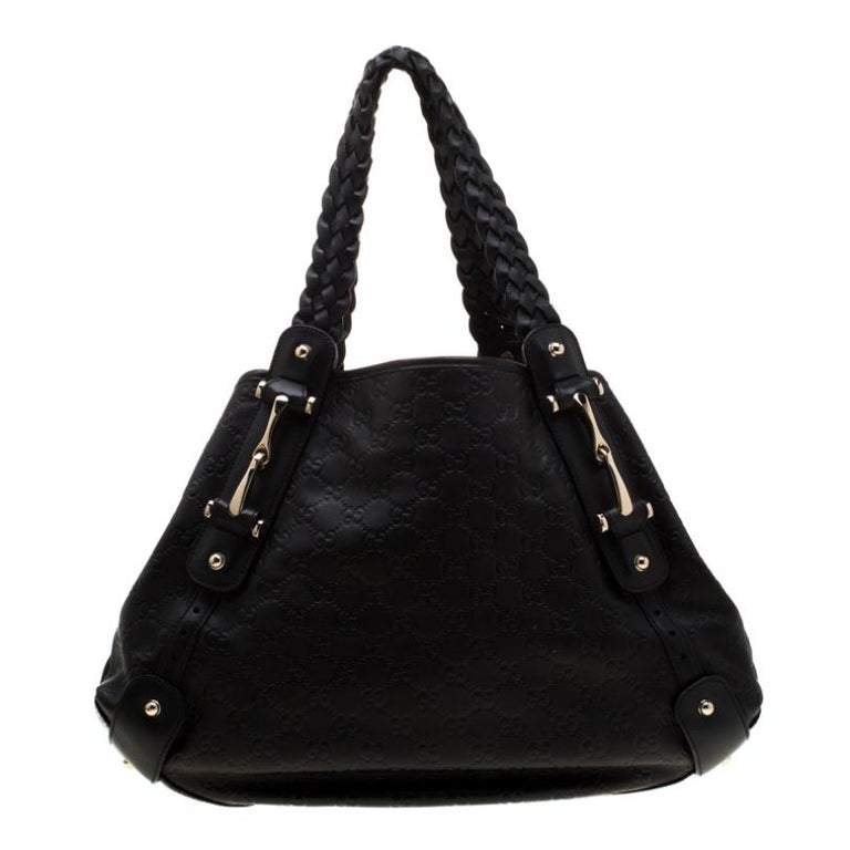 Gucci Black Guccissima Leather Medium Horsebit Pelham Shoulder Bag For Sale at 1stdibs