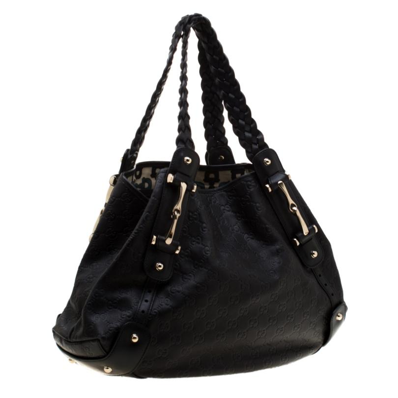 Women's Gucci Black Guccissima Leather Medium Horsebit Pelham Shoulder Bag