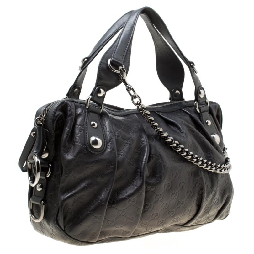 Women's Gucci Black Guccissima Leather Medium Icon Bit Boston Bag