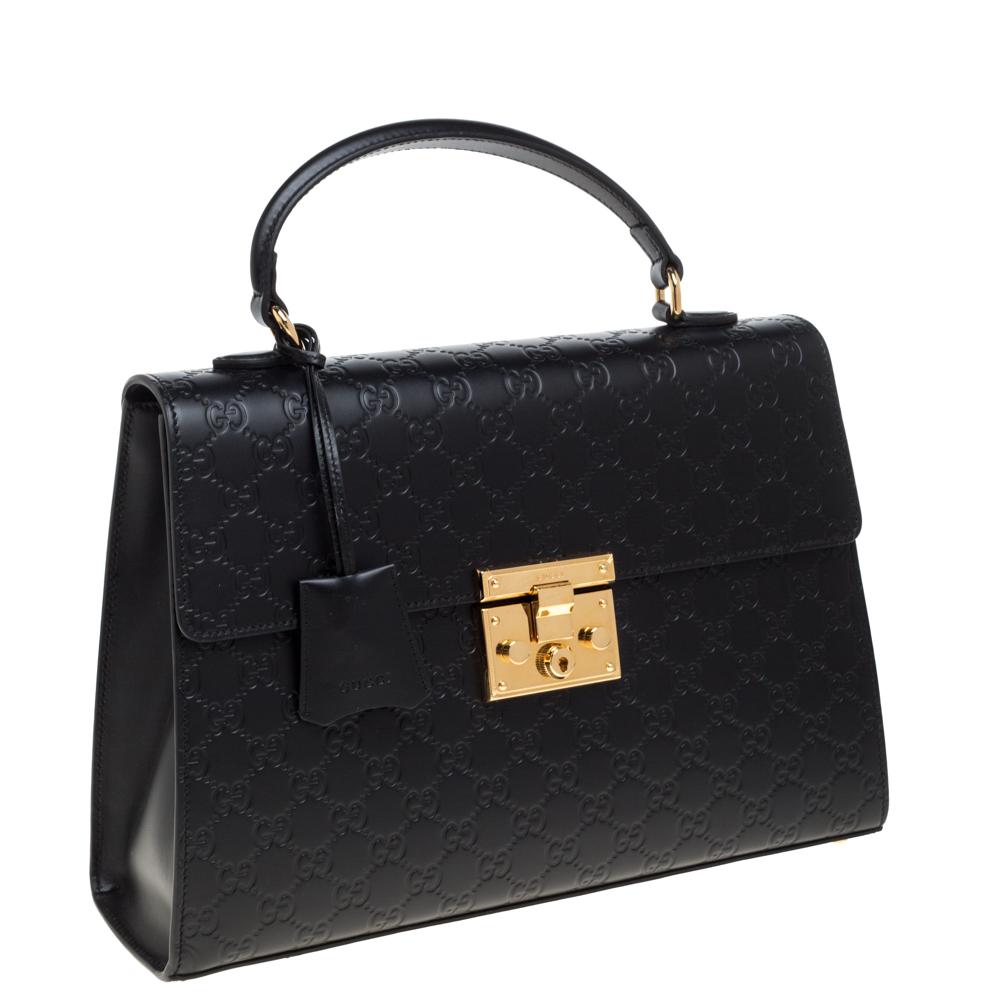 Women's Gucci Black Guccissima Leather Medium Padlock Top Handle Bag