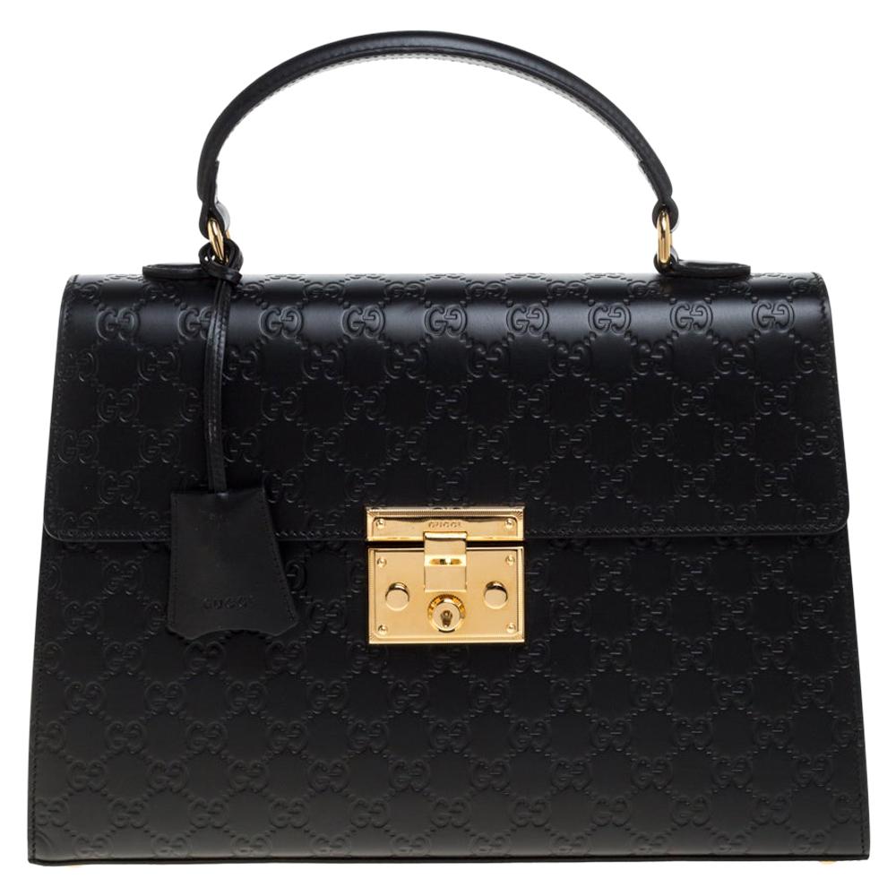 Gucci Black Guccissima Leather Medium Padlock Top Handle Bag