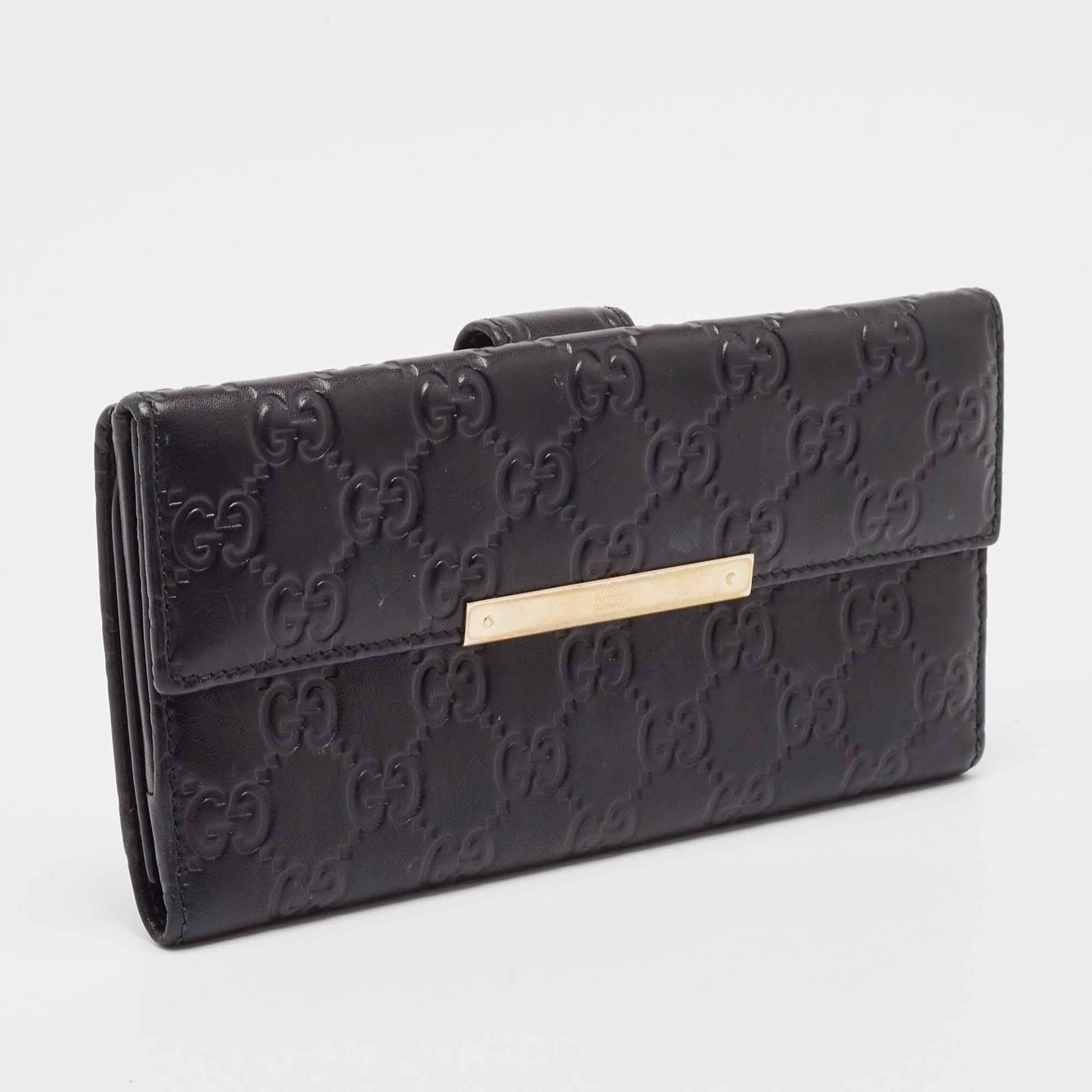 Gucci Black Guccissima Leather Metal Bar Continental Wallet For Sale 3