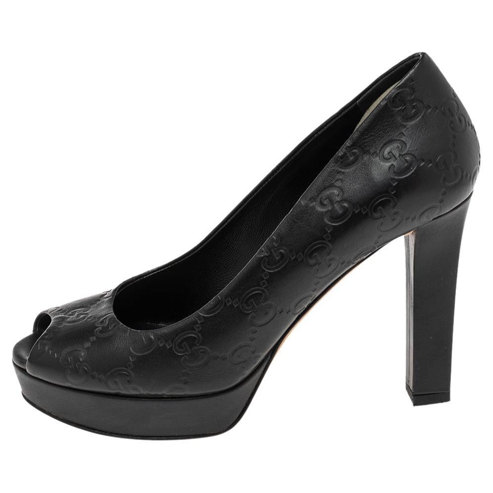 Gucci - Escarpins à bout ouvert en cuir noir « Guccissima », taille 36