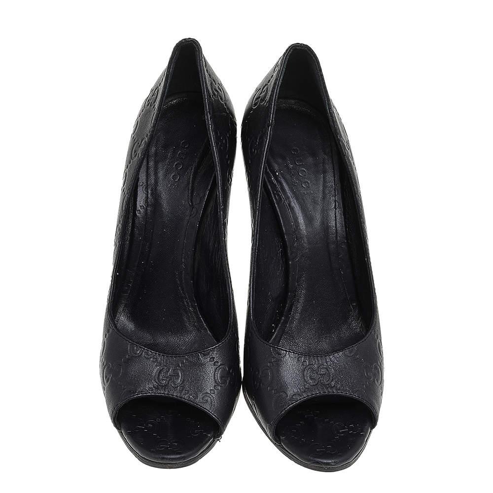 Gucci Black Guccissima Leather Peep Toe Pumps Size 38 In Fair Condition In Dubai, Al Qouz 2