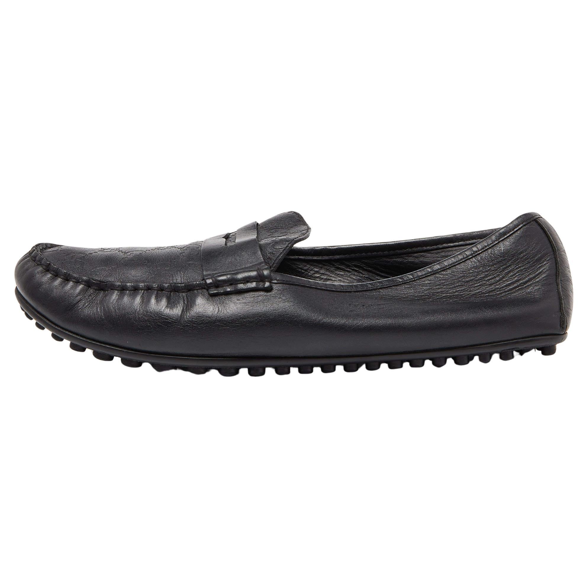 Gucci Black Guccissima Leather Penny Loafers Size 44 For Sale