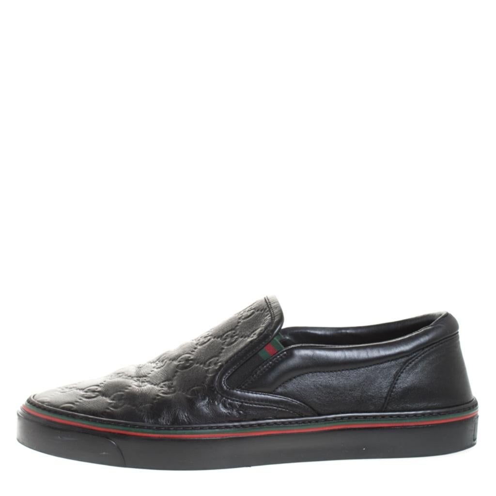 Exude an air of high style with these black sneakers from Gucci. These loafers are crafted from Guccissima leather and feature the signature web trims on the midsoles. Made in Italy, this pair is sure to provide you with maximum comfort with its