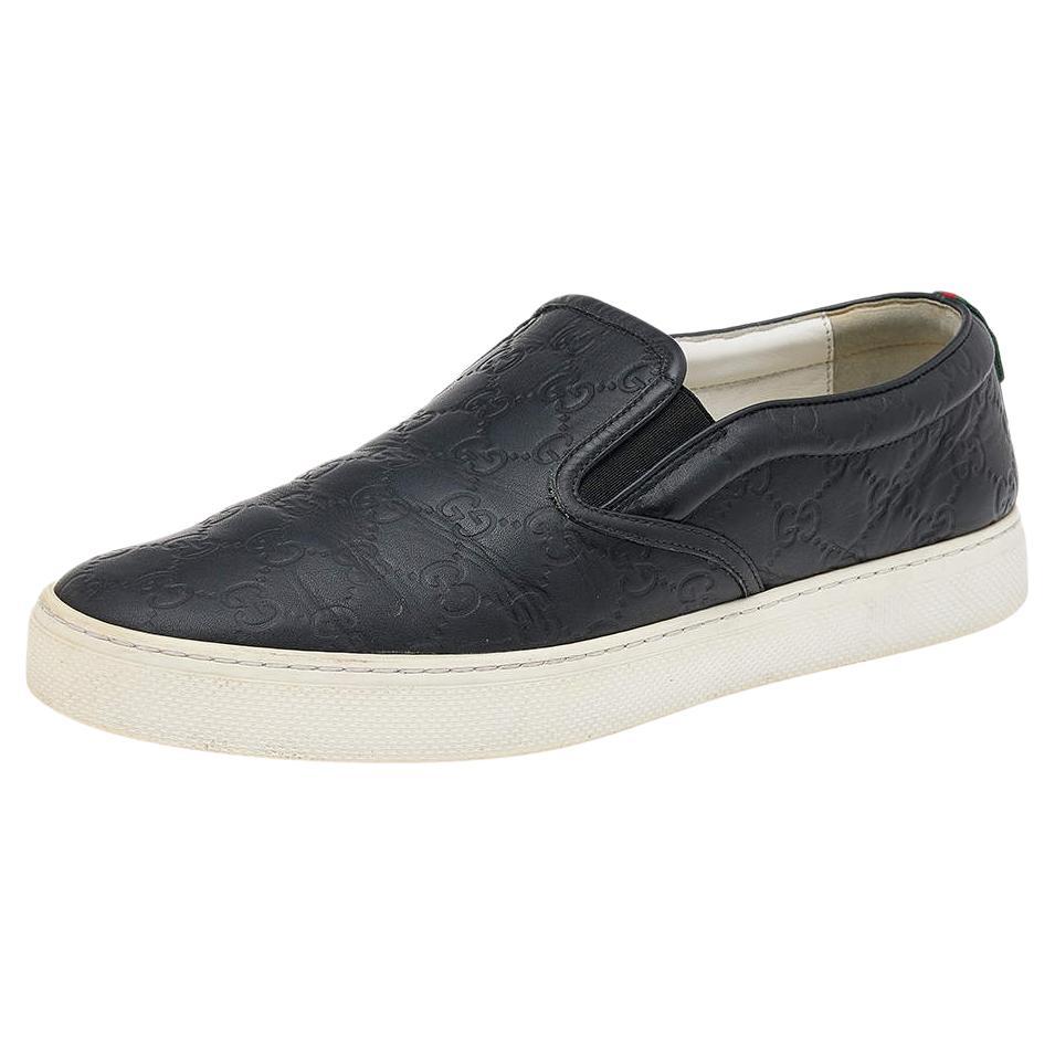 Gucci Black Guccissima Leather Slip On Sneakers Size 44 For Sale