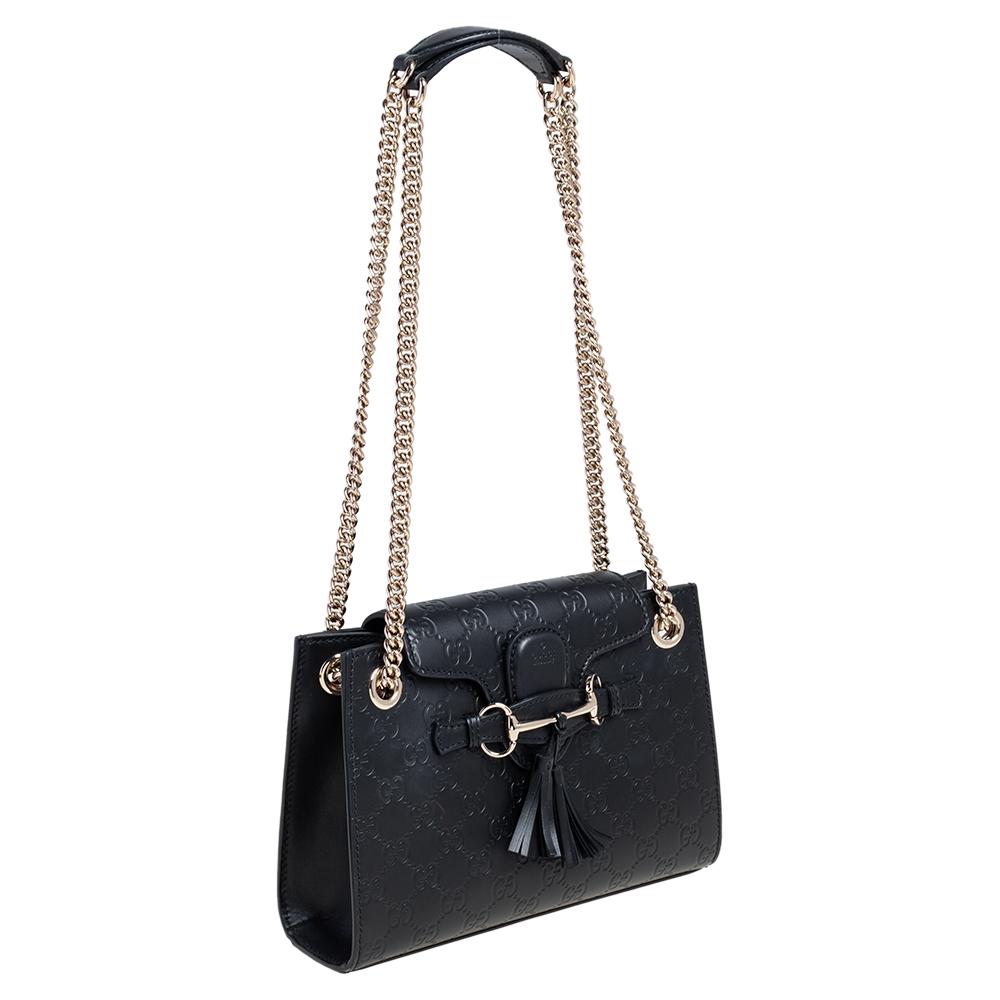 Women's Gucci Black Guccissima Leather Small Emily Chain Shoulder Bag