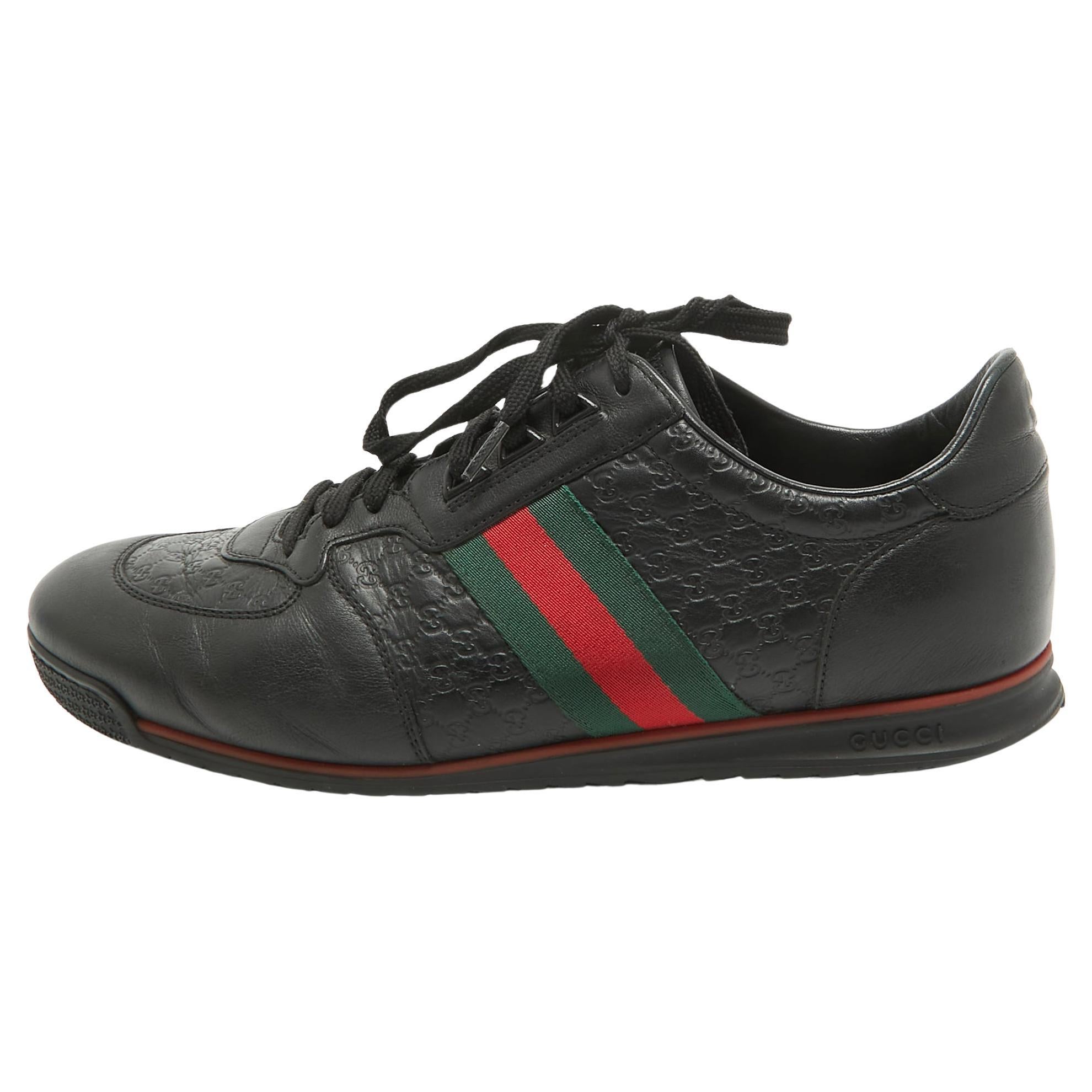 Gucci Black Guccissima Leather Web Ace Sneakers Size 45.5 For Sale