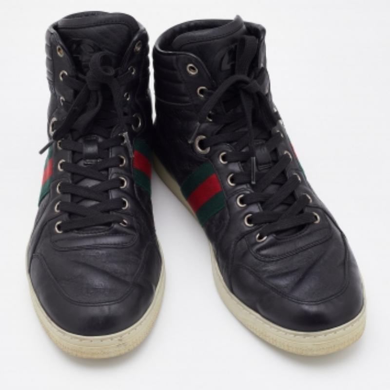 Guccissima Schwarze High Top-Turnschuhe aus Leder mit Webdetails Größe 41.5 im Zustand „Gut“ im Angebot in Dubai, Al Qouz 2