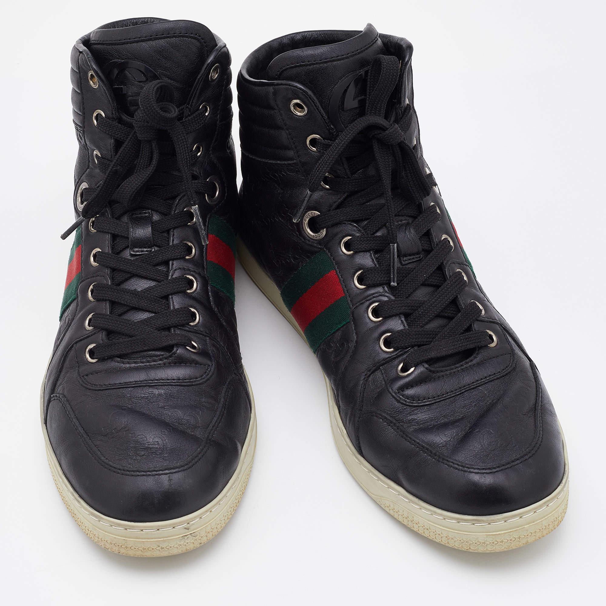 Gucci Black Guccissima Leather Web Detail High Top Sneakers Size 41.5 In Good Condition For Sale In Dubai, Al Qouz 2
