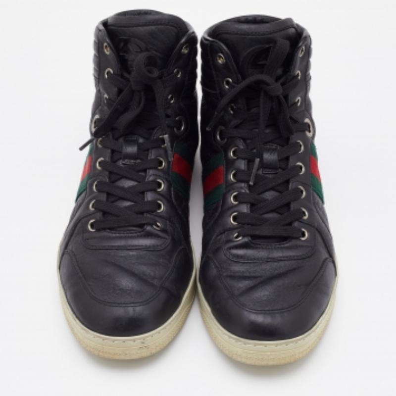 Guccissima Schwarze High Top-Turnschuhe aus Leder mit Webdetails Größe 41.5 Herren im Angebot