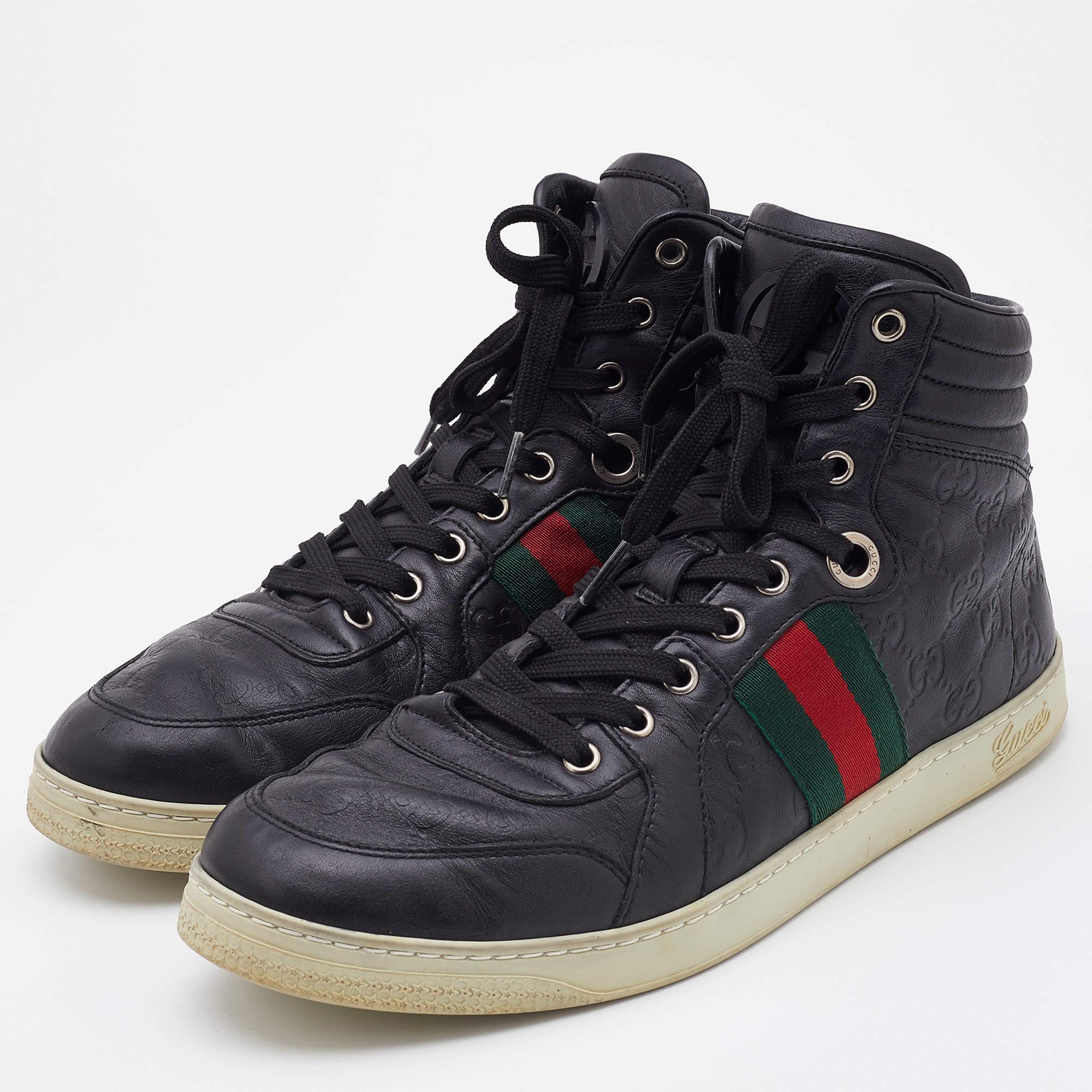 Men's Gucci Black Guccissima Leather Web Detail High Top Sneakers Size 41.5 For Sale