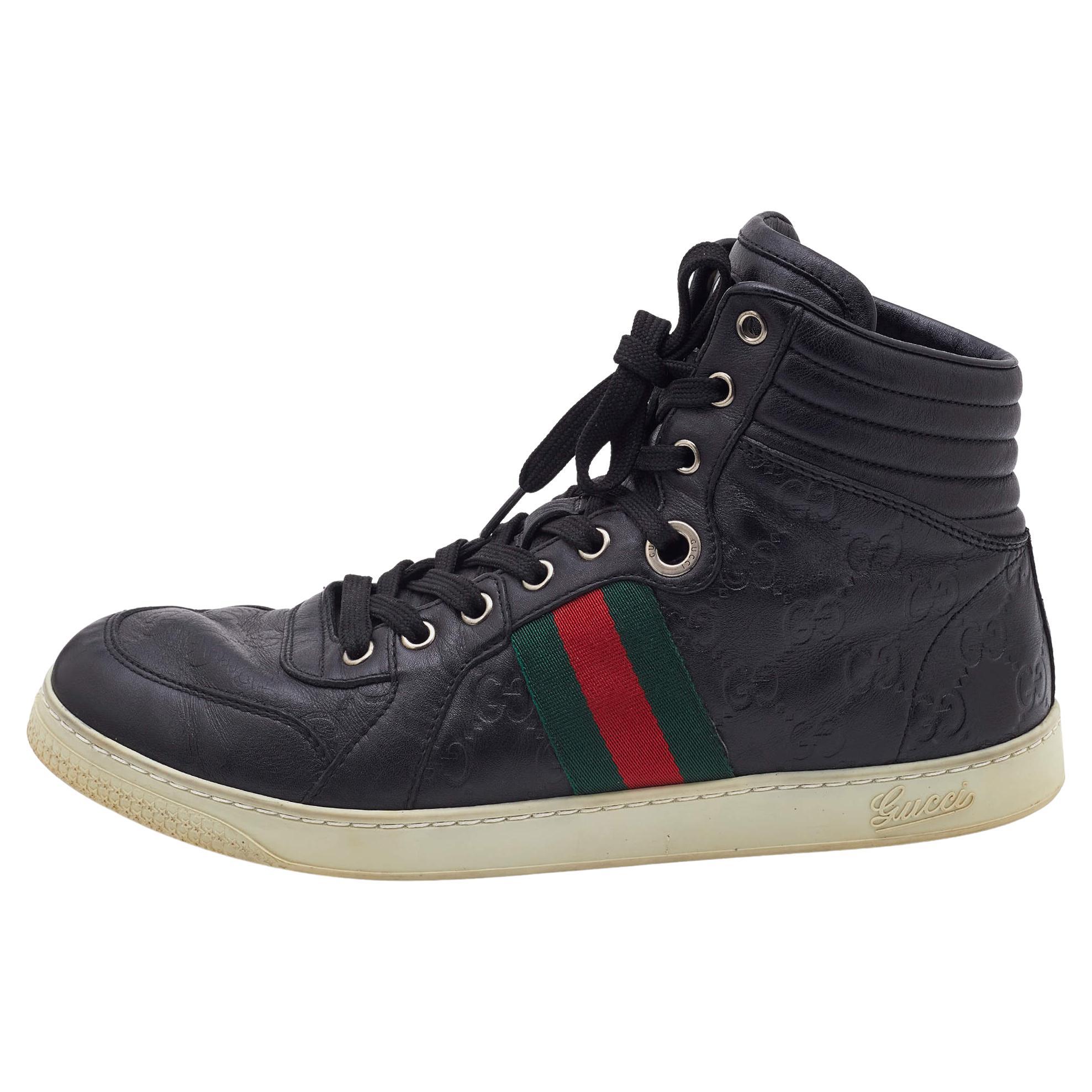 Gucci Black Guccissima Leather Web Detail High Top Sneakers Size 41.5 For Sale
