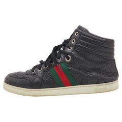 Gucci Black Guccissima Leather Web Detail High Top Sneakers Size 43.5