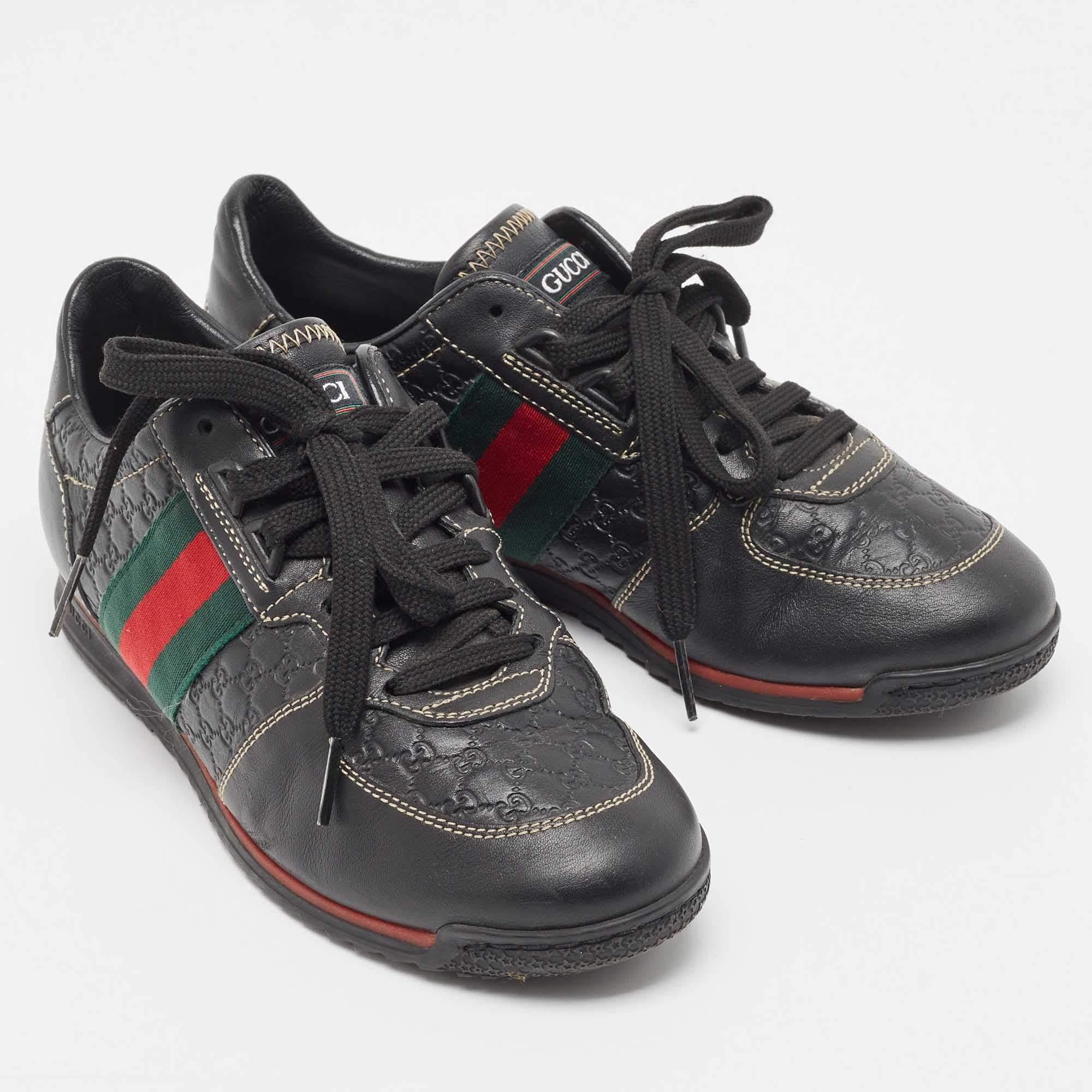 Gucci Black Guccissima Leather Web Low Top Sneakers Size 36.5 In Good Condition In Dubai, Al Qouz 2