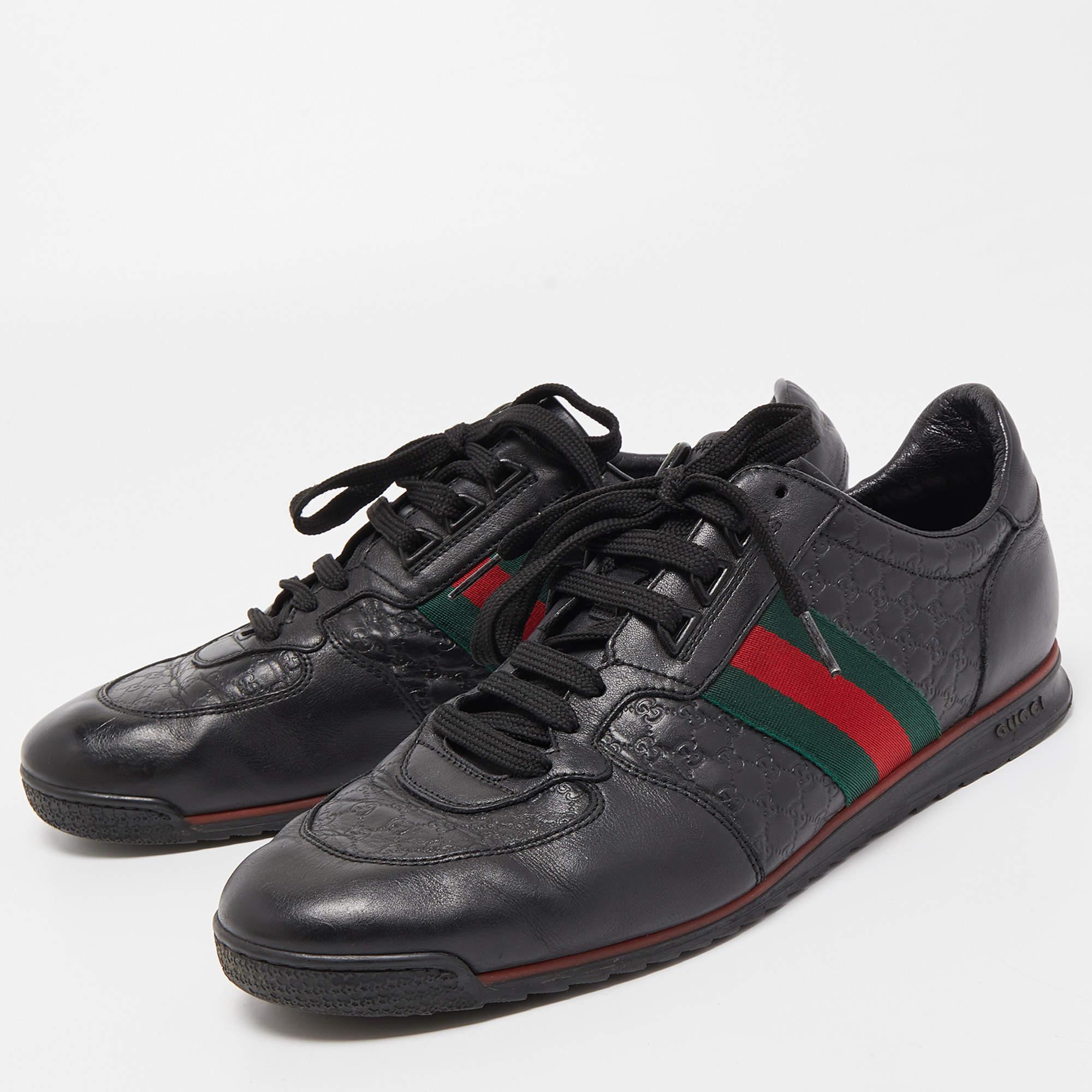 Men's Gucci Black Guccissima Leather Web Low Top Sneakers Size 44