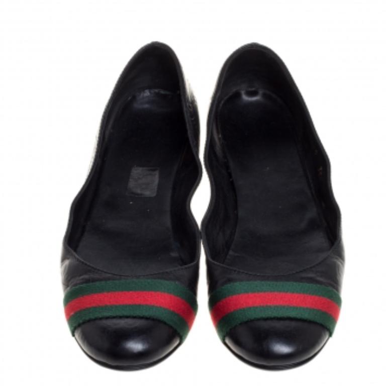 Women's Gucci Black Guccissima Leather Web Stripe Ballet Flats Size 35.5 For Sale
